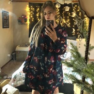 Navy Floral Watercolor Longsleeve Tunic Midi Dress